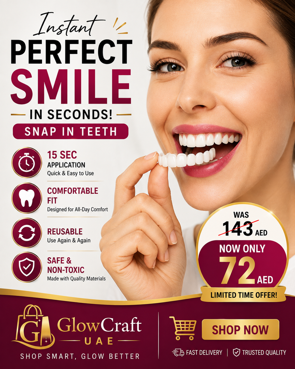 Woman holding snap-in teeth veneers for a perfect smile, priced at 72 AED from GlowCraft UAE.